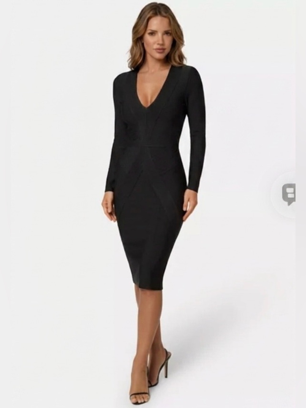 bebe Black Long-Sleeve V-Neck Bodycon Midi Dress